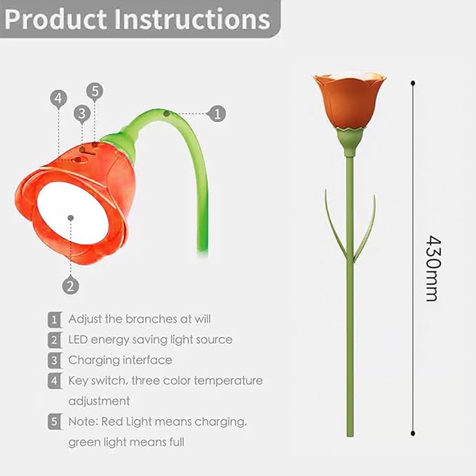 LIYAOLI Cute Cordless Flower Desk Lamp for Girls,Flexible Gooseneck,Rechargeable LED Lamp with USB Charging Port,3 Color Modes & Stepless Dimming, Office Desk Decor