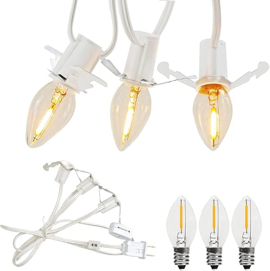 KGC LED Accessory Cord with 3 LED Night Light Bulbs, White Cord with On/Off Switch Plugs - C7 led Bulb Warm White with Spare Fuse for Holiday Decoration and Craft Village House Decoration 1 Pack