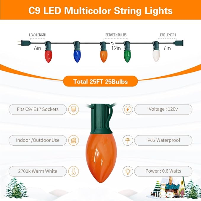 C9 LED Christmas Lights Outdoor 25FT Multicolor Christmas String Lights, Colorful Vintage Hanging Lights for Roofline Xmas Tree Patio Holiday Party Wedding Decoration