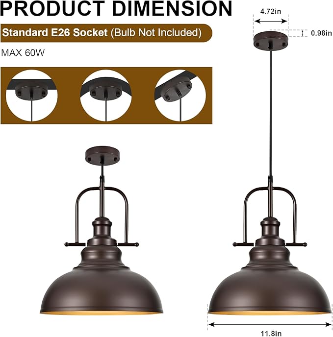 TAKEGO 11.8” Farmhouse Pendant Lights Kitchen Island, Oil Rubbed Bronze Rustic Pendant Light Fixture, Vintage Dome Pendant Light, Industrial Hanging Ceiling Lamp for Dining Room, Hallway