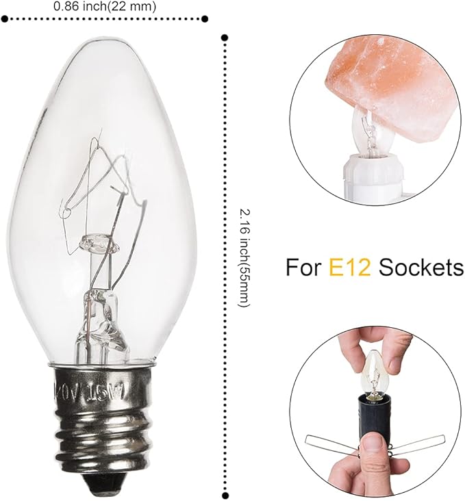 12 Pack Salt Lamp Light Bulbs 15 Watt, Himalayan Salt Lamp Original Replacement Bulbs E12 Socket Long Lasting Incandescent Bulbs Warm Light