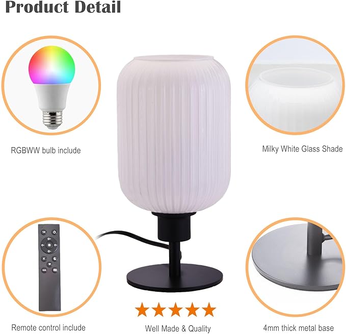 Mid Century Glass Table Lamp,Dimmable Desk Lamp,LED Bulb Included,Remote RGB Color Changing,White Ribbed Glass