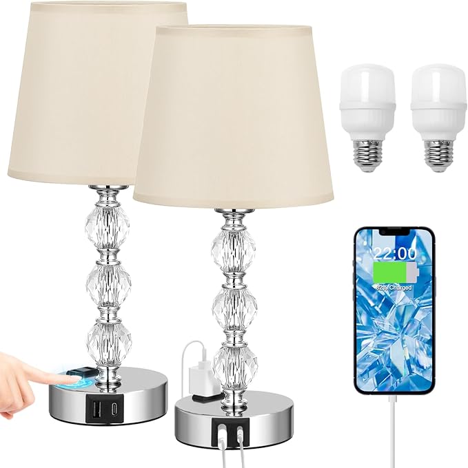 Acaxin Crystal Table Lamp Set of 2 for Bedroom/Living Room, 14.6in (Beige)