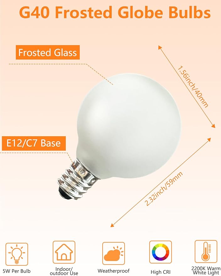 G40 Replacement Light Bulbs Frosted Wihte Globe Light Bulbs, 5W Incandescent Bulbs Fits E12/C7 Candelabra Screw Base for Indoor Outdoor Decorative, Pack of 25