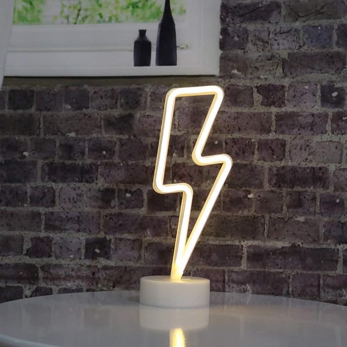 Warm White Lightning Neon Light Signs Lightning LED Lamps Lights Room Decor Battery/USB Operation Night Lights with Base Neon Light up Bar Bedroom Party Christmas