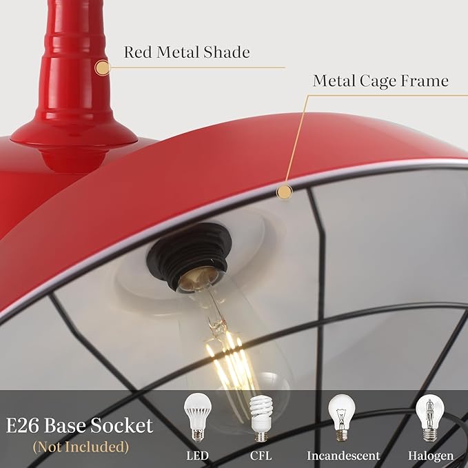 Red Large Pendant Lights Kitchen Island, 18.1 Inch Farmhouse Pendant Light, Industrial Pendant Light with Wire Cage, Kitchen Cage Light 2 Pack, Island Pendant Lights for Kitchen Dining Room