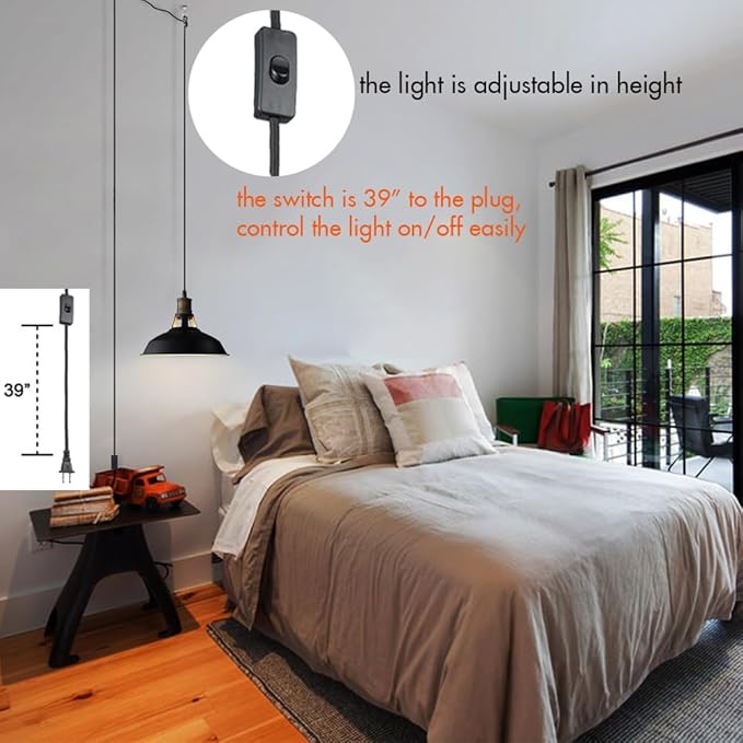 CLAXY Plug in Pendant Lights Adjustable Hanging Pendant Light Fixture with Black Barn Shade On/Off Switch Swag Pendant Lamp Set of 2