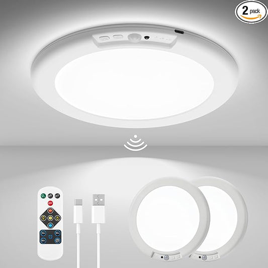 wowatt 2Pcs Battery Operated Ceiling Lights Rechargeable Motion Sensor Light Indoor Wireless Shower Light with Remote 3000K 4500K 6500K 7.48in Dimmable Timing Motion Activated Lamp for Closet Shower
