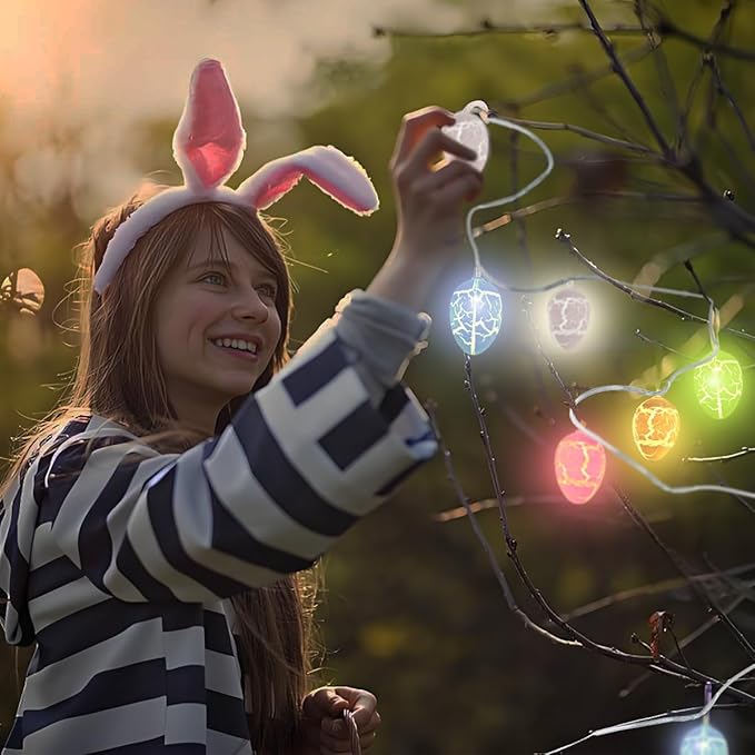 SWEETIME 20 Pcs Easter Egg Lights, 9.84 ft Cracked Egg String Light,Battery Powered Rainbow Lights for for Easter Decor