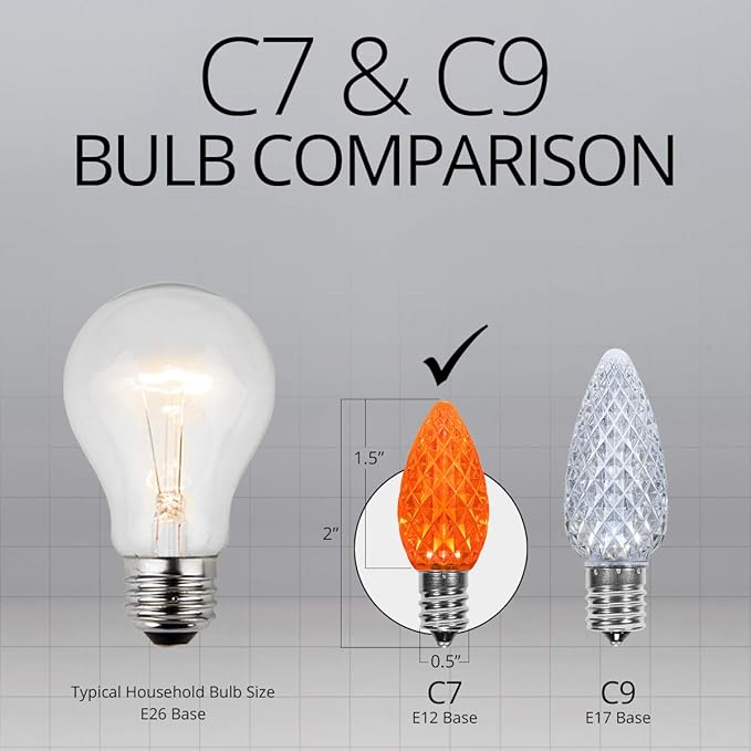 Wintergreen Lighting 25 ft C7 Orange OptiCore Commercial Christmas Lights – LED Bulbs for Halloween, Holiday, Party; Green Wire (25 Amber Lights)