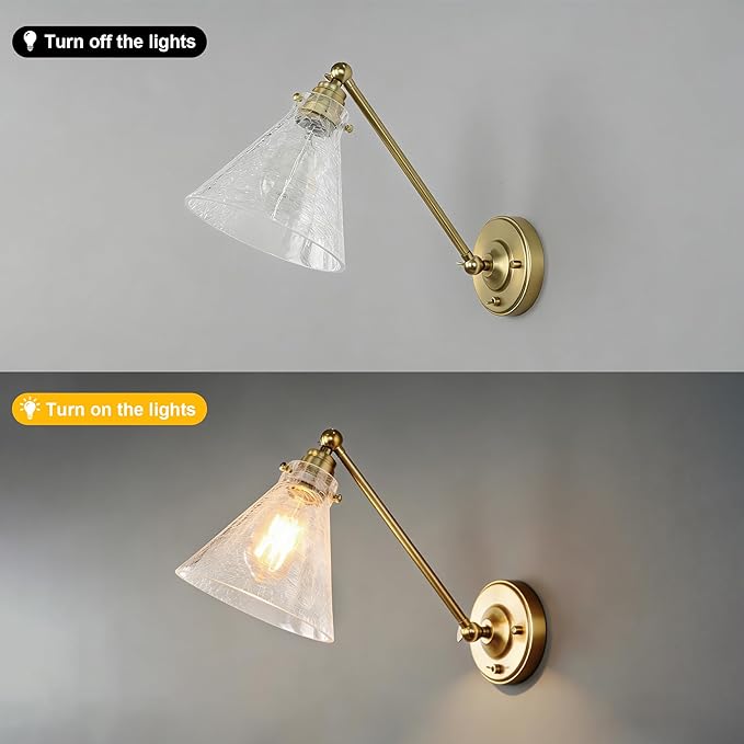 Industrial Vintage Slope Pole Wall Mount Single Sconce with Funnel Flared Clear Glass Shade, Swing Arm Wall Sconce Light Lamp Fixture Hardwired