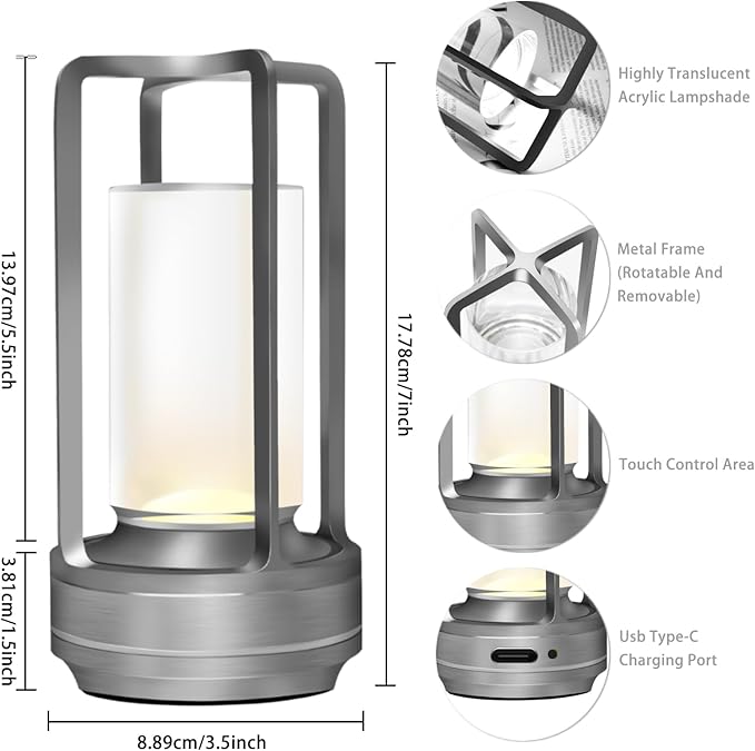 Cordless Rechargeable Table Lamps, Portable Lumisom Crystal Small Lantern Lamp with Touch Control & 3 Color Dimmable, 4000mAh Battery-Powered Klarako Crystal Desk Lanter for Outdoor Indoor (Silver)