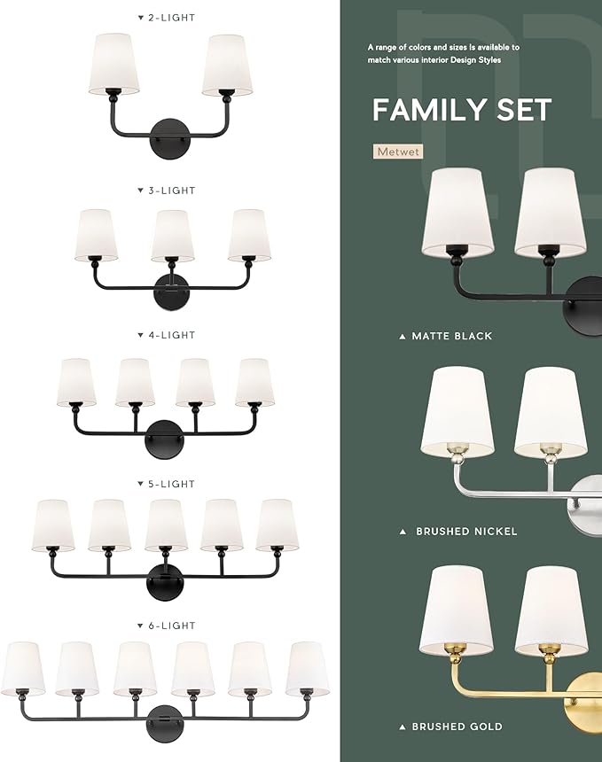 Bathroom Light Fixtures, 42 Inch Matte Black Vanity Lights with Flared White Fabric Shade, 6-Light Wall Sconce, Modern Sconces Wall Lighting for Hallway Bedroom, VL837-MB-6