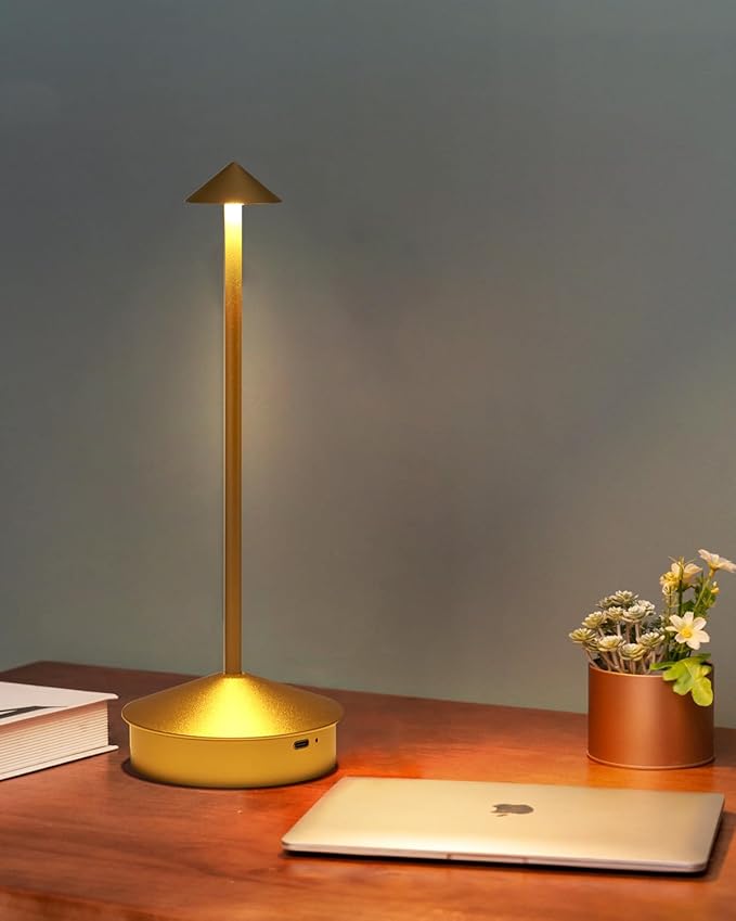2 Pack Aluminum Cordless Table Lamp, 6000mAh Rechargeable Table Lamps, Portable Touch LED Lamp, Outdoor Waterproof Dimmable Cordless Rechargeable Table Lamps for Restaurant/Patio- Black (1 Pcs Gold)