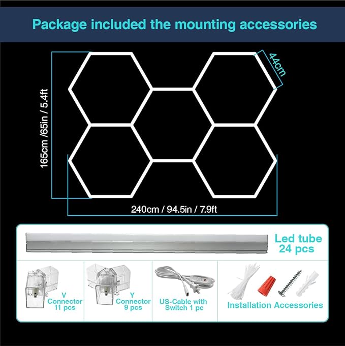 Dimmable Hexagon Garage Lights: 20% 50% 100% Dimmable LED Gerage Hexagon Lights 21000lm Super Bright Car Detailing Ceiling LED Shop Light for Warehouse Workshop Gym Basement Car Care Wash Room