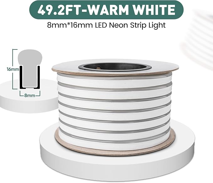 GZBtech Flexible LED Neon Rope Lights 50FT,AC 110-120V Waterproof Strip Light, 120 LEDs/M Cuttable Connectable Neon Lighting for Indoor Outdoor Home Decor/Commercial Use-Warm White 15M, ETL Listed