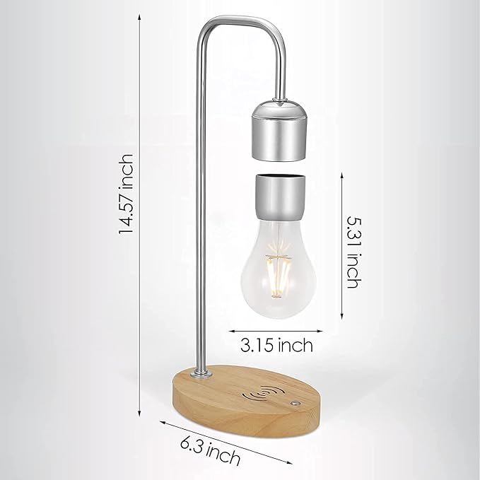 Unique Modern Levitating Lamp with Floating Light and Built-in Qi Wireless Charger, Simplistic and Innovative Design, Warm Decorative Night Light (Silver Bulb)
