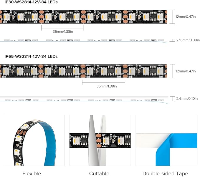 BTF-LIGHTING WS2814 IC RGBW RGB+Cool White(Similar WS2812B) Addressable DC12V 16.4FT 84LED/m 28pixel/m 4 Colors in 1 Dream Color LED Strip 12mm Width PCB IP65 for Home Decor(No Adapter or Controller)