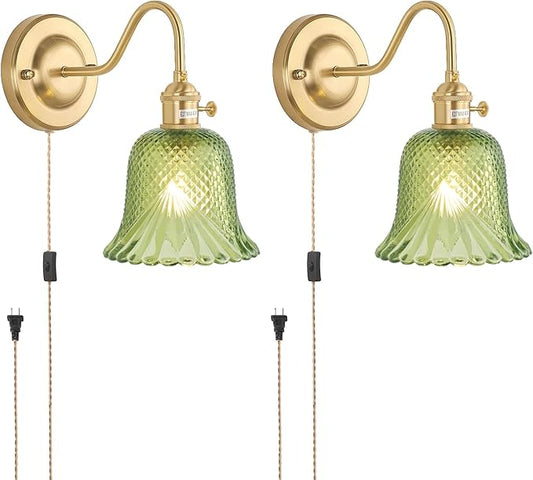 Plug in Wall Sconce Set of 2, Gold Vintage Wall Decor Lights with Green Diamond Flower Glass Shade, Indoor Brass Corded Wall Lamp Fixture for Bedroom Living Room Bathroom Hallway