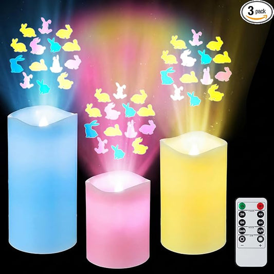 Baquler 3 Pcs Easter Flameless Projector Candles with Remote Timer - Colorful Bunny Projector Light LED Candles Battery Operated for Home Indoor Easter Holiday Party Decorations