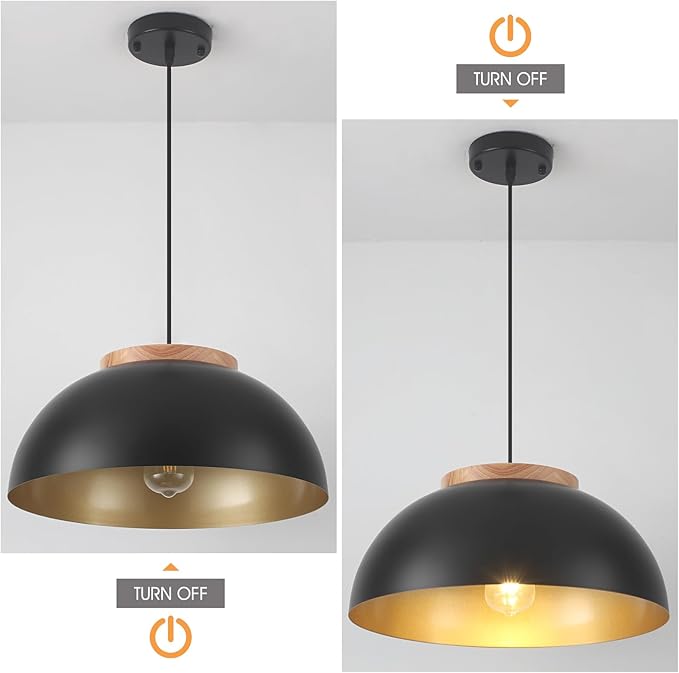 Large Pendant Lights, 16" Black Pendant Light for Kitchen Island, Farmhouse Pendant Light Fixtures for Dining Room, Living Room, Bedroom, Bar, Vintage Pendant Lamp with Wooden Holder, 2 Pack