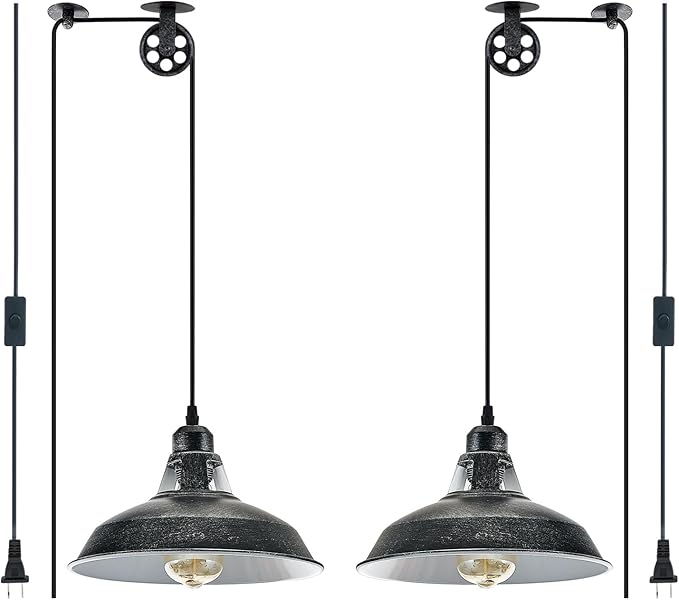 Plug in Pendant Light With Switch,Vintage Industrial Design,16.4ft Cord,Adjustable Pulley,Easy Install,Ideal For Living Room,Pool Table,Bedroom,Kitchen,Sloped Ceiling,Bar,Outdoor Shed(Silver Black)