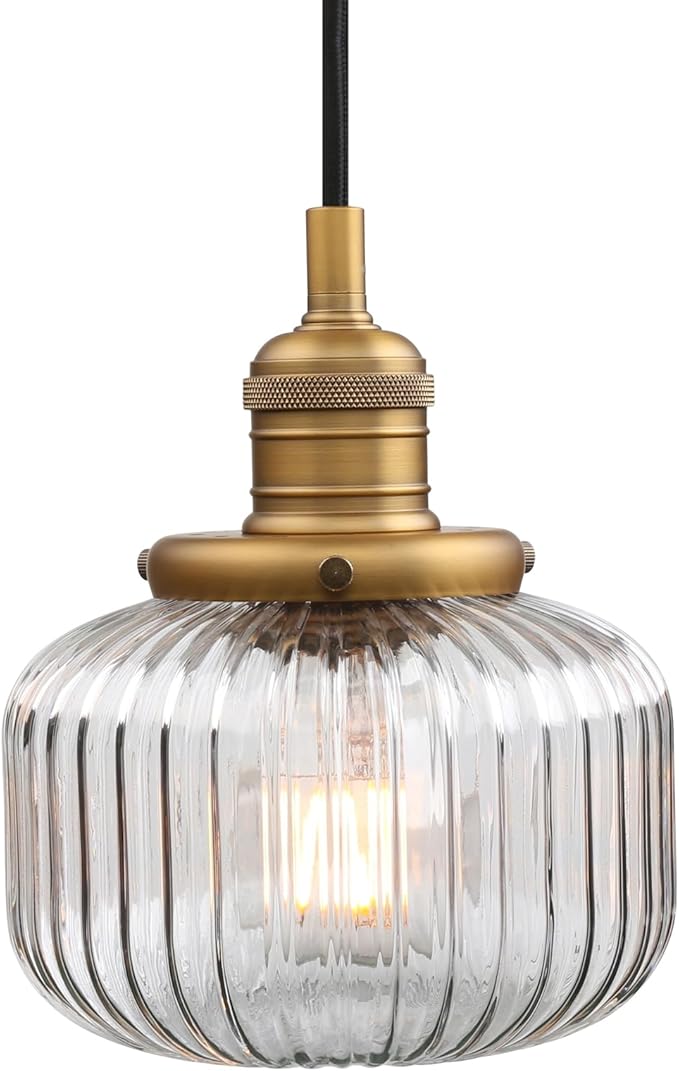 Yosoan Indoor Vintage Edison Hanging Pendant Light, 1-Light Hardwired Modern Vanity Light Industrial Semi Flush Mount Lamp Striped Ribbed Glass Shade for Kitchen Table Bar Island(Antique)
