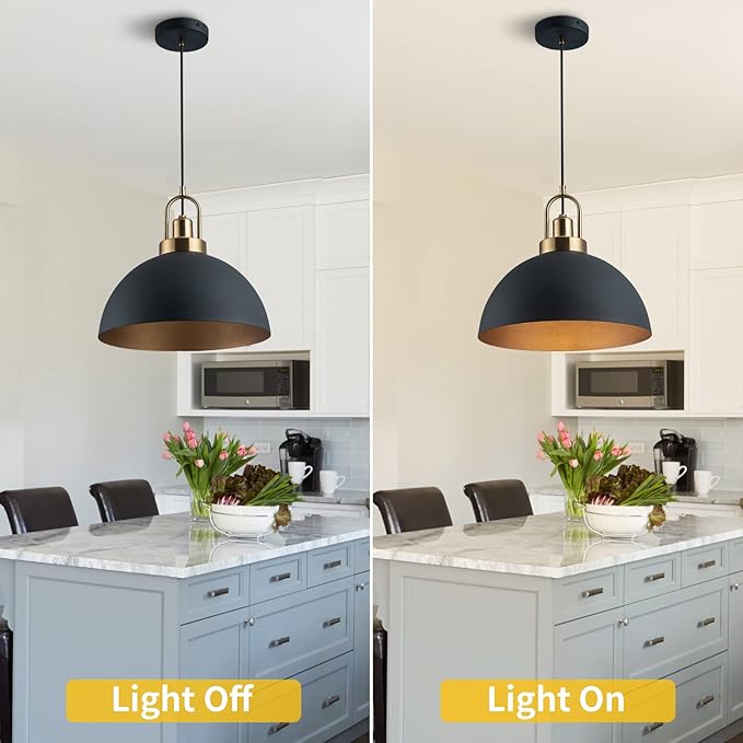 2 Vintage Industrial Pendant Light 13.58 "Dome Black and Gold Chandelier Lighting Brass Socket Chandelier line Length 78.74" Bedroom, Kitchen Island, Porch, Garage, 2 Packages
