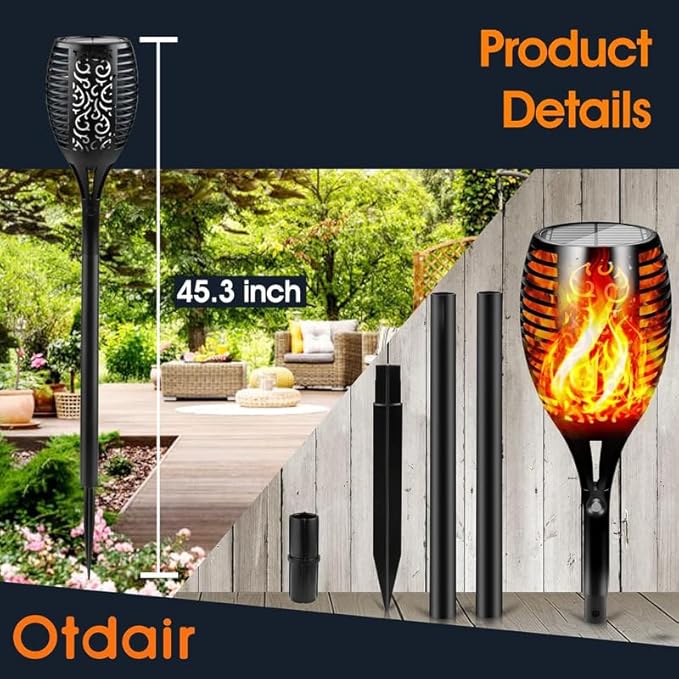 Otdair 96 LED Solar Lights Outdoor Upgraded 8 Pack, 43" Tall & Super Larger Size, Waterproof Solar Torch Light with Flickering Flame, 2200mAh Solar Tiki Torches Decoration Lights, for Path Yard Garden