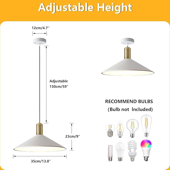 KCO Lighting Modern Cone Pendant Lighting White and Gold Pendant Light Kitchen Island Farmhouse Dome Pendant Light Mid Century Living Room Light Fixture Over Dining Table (White)
