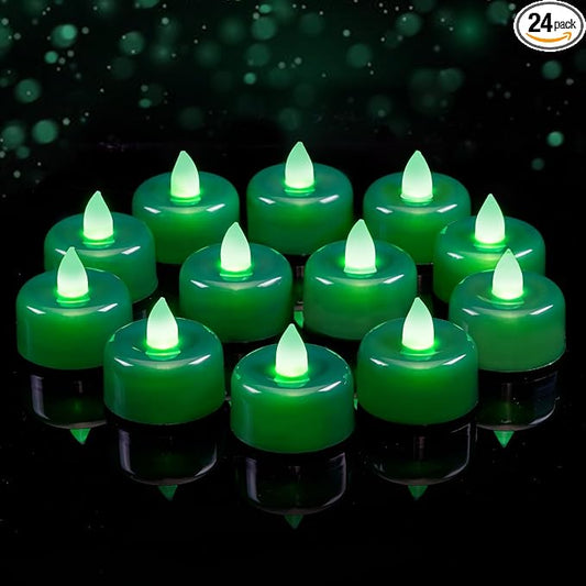 Amagic 24 Pack Green Flameless LED Tea Lights Candles Battery Operated, Electric Fake Tealight Candles for Party, Wedding, Table Centerpiece, Home Decor, Mardi Gras, Halloween, Christmas, St. Patrick