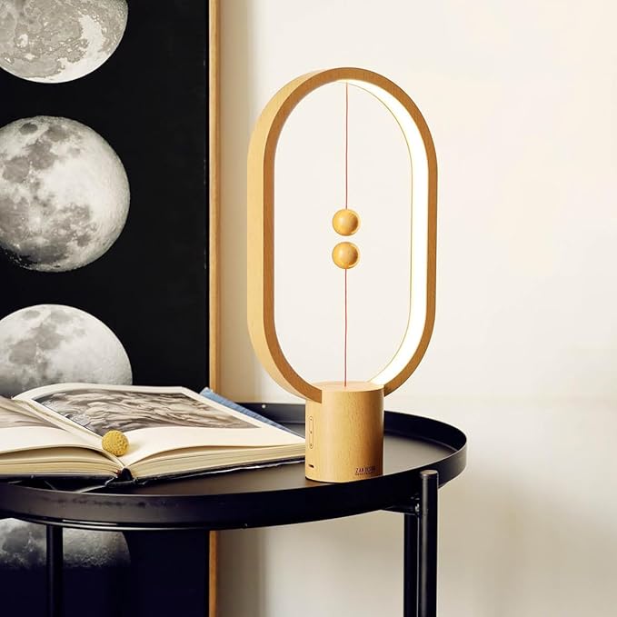 Heng Soft-Glow Balance Desk Lamp for Nightstand Or Bed - Modern Table Mood Lighting with Dimmer Switch - Cute Decorative Gift for Bedroom, Living Room, Office & Dorm (Wood)