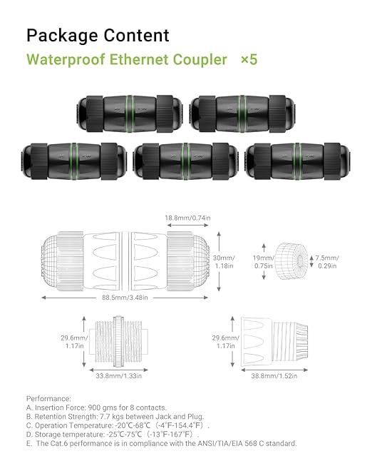 Waterproof rj45 Coupler Cat6(3.48in), IP68 Waterproof Ethernet Coupler Female to Female, Gold-Plated and Shielded Outdoor Ethernet Coupler for CAT6/CAT5E/CAT5 Network Cables PoE, 5-Pack