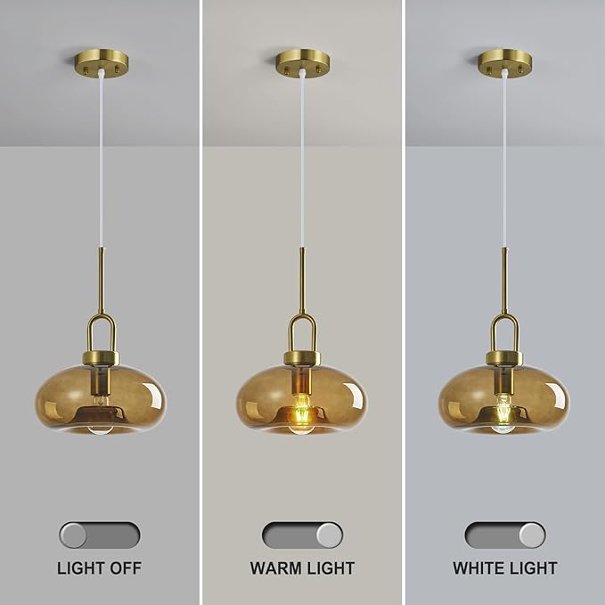 Brown Glass Pendant Lights Kitchen Island Gold Pendant Light Fixtures Adjustable Height Modern Pendant Lighting for Bedroom Dining Room (1-Pack)