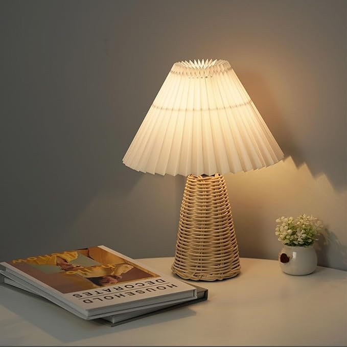 Small Table Lamp, Pleated Table Lamp Bedside Night Lamp with Rattan Base Fabric Pleated Lampshade Vintage Design Soft Warm Light for Bedroom Decor Living Room Reading Office Dorm Coffee Shop