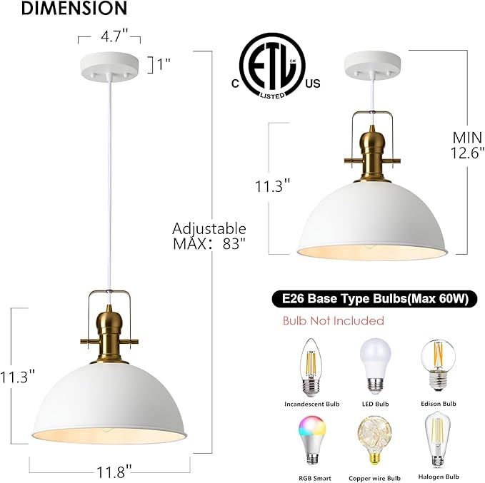 12 Inch Sandy White Farmhouse Pendant Lights for Kitchen Island Industrial Adjustable Height Vintage Dome Hanging Light Fixtures for Barn,Dining Room 1 Pack
