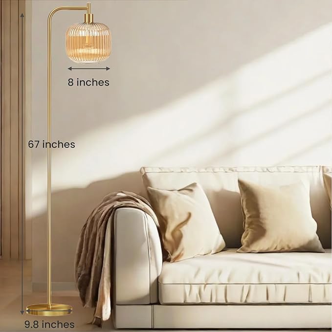 Glass Floor Lamp,67" Modern Standing Lamp with Sunset Grapefruit Glass Lampshade Metal Pole for Living Room, Bedroom, Office - Heavy Base,Pedal Switch (Include Bulb)(Amber)