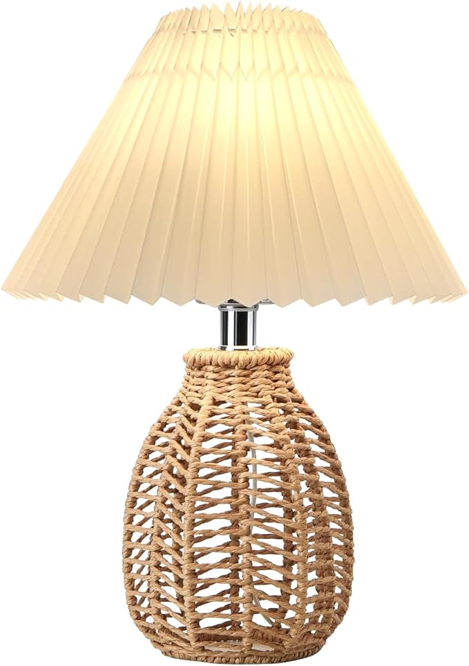 Pleated Table Lamp Wicker Woven Rattan Night Light, Modern Bedside Nightstand Lamp with White Scalloped Lampshade Rattan Metal Base, Desk Light for Bedroom Living Room Home Office Decor