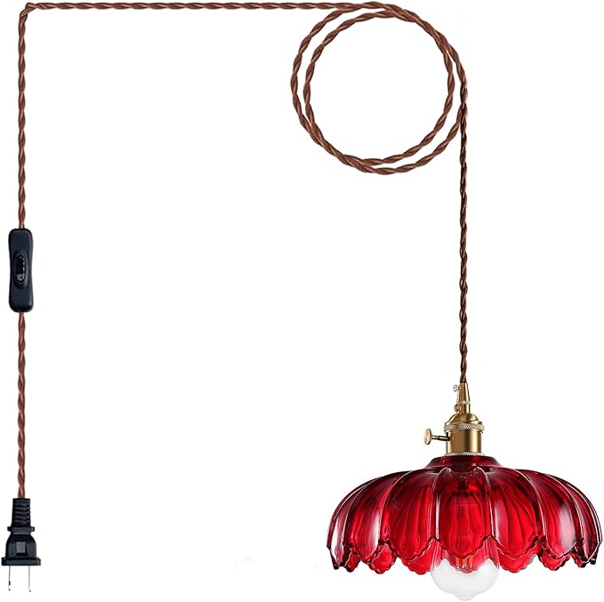 Plug in Pendant Light: Hanging Light Plug in Red Glass Hanging Lamp, Pendant Lighting for Kitchen Island, Bedroom, Dining Room, Living Room, E26 No Bulb