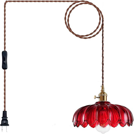 Plug in Pendant Light: Hanging Light Plug in Red Glass Hanging Lamp, Pendant Lighting for Kitchen Island, Bedroom, Dining Room, Living Room, E26 No Bulb