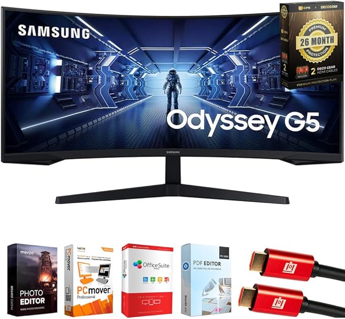 Samsung 34" Odyssey G55T WQHD 165Hz 1ms(MPRT) HDR Curved Gaming Monitor Bundle with Tech Smart USA Elite Suite 18, 2X HDMI Cable & Deco Gear CPS Exclusive 26 Month Protection Pack (BEACH-CPS-26M1000)