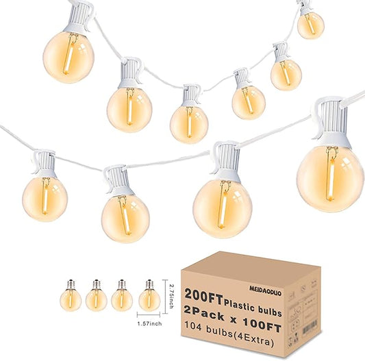 White String Lights Outdoor 200FT Led Globe G40 Patio Lights for Outside with 104 Shatterproof Bulbs Bistro Lights for Wedding Gazebo Pergola, White Wire String Lights 2Pack x 100FT