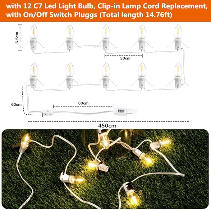 C7 Accessory Cord with 12 LED Light Bulbs and Outlet Christmas Village Light 14.76 FT with Spare Fuse Warm White Lamp for Christmas Village Houses Pumpkin Lamp Holiday Decor