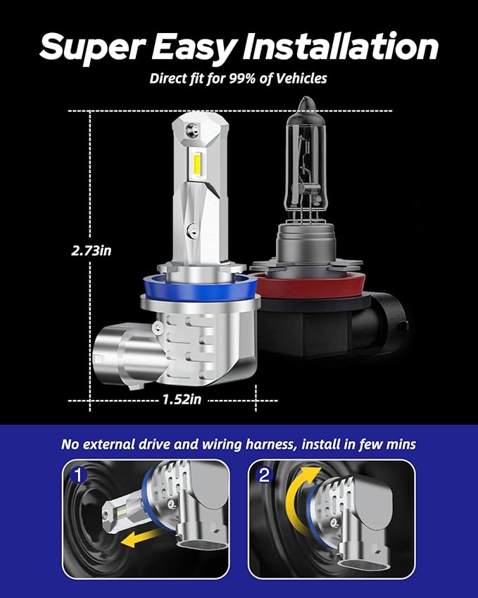 AUTOONE H11/H9/H8 9005/HB3 LED Bulbs Combo 6000K White, H11 9005 LED Lights Fog Lights Canbus, Fanless Mini Size Plug and Play, Pack of 4