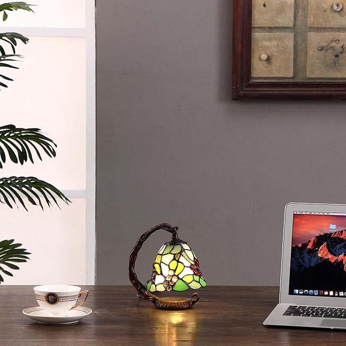 Bieye L10035 Grapes Tiffany Style Stained Glass Table Lamp with 6-inch Wide Lampshade Hanging on The Base (Green)