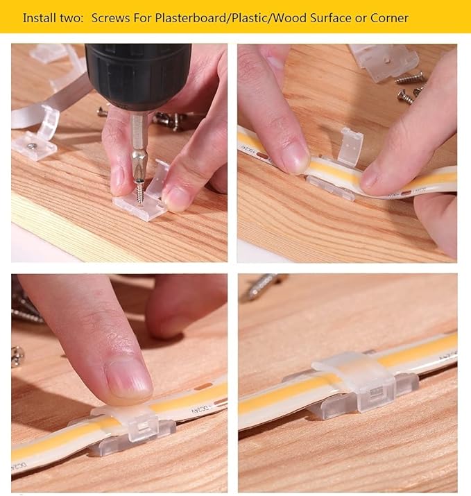 Threetwofour 100 Pack Double Installation LED Strip Light Mounting Bracket Self Adhesive LED Clips Only use for Width 8-10mm/0.31-0.39in Height<2.8mm/0.11in Indoor LED Strip Light with 102PCS Screws
