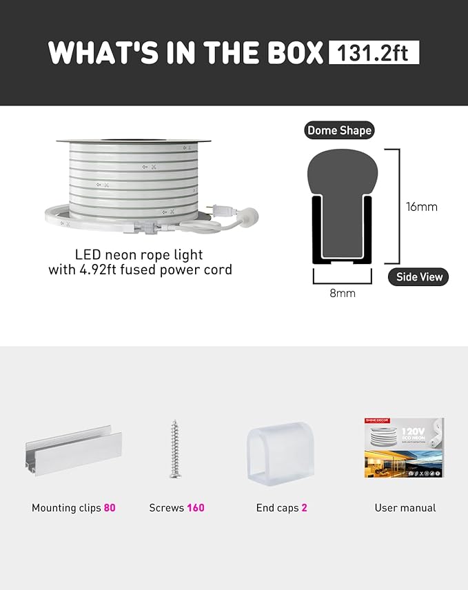 Shine Decor LED Rope Lights AC 120V, Connectable & Cuttable Dotless 120LEDs/M Eco Neon Strip Lighting, ETL IP65 Waterproof & Weather-Resistant for Home Commercial, 8x16mm, 6000K Cool White, 131.2FT