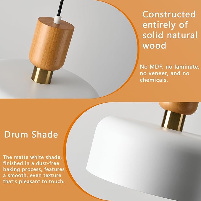 TeHenoo Modern Pendant Light,12 inch,Natural Wood and Brass Accent,Adjustable Simple Pendant Light Fixture for Kitchen Island, Dining Room, Matte White