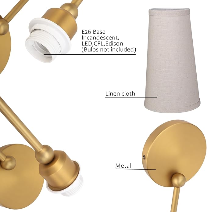 Pathson Set of 2 Linen Fabric Wall Sconces, Hardwired Curved Arm Bathroom Vanity Light with Cone Cloth Shade, Brass Indoor Wall Decor Lamp for Living Room, Kitchen, Bedroom, Foyer