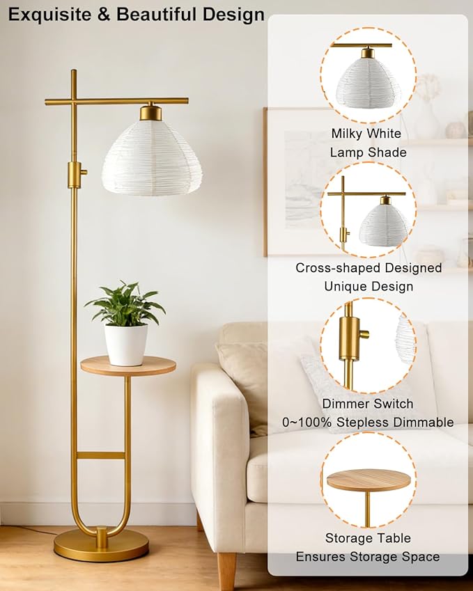 66IN Dimmable Gold Floor Lamps with Storage Table, Modern Standing Tall Lamp with Milky White Lampshade, Cross-Shaped Lamp Head and U-Pole Base Style for Living Room/Bedroom